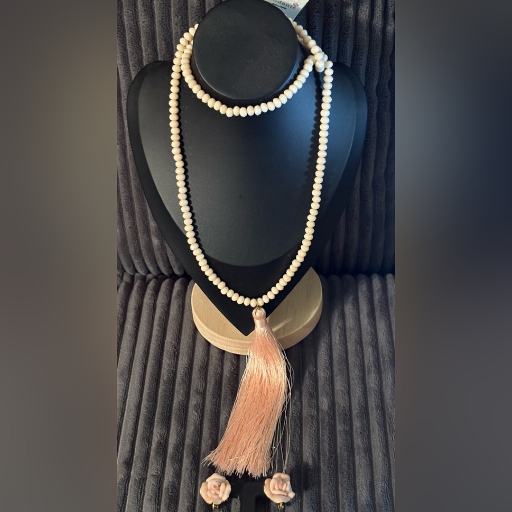 Chic Blush Beaded Necklace with Tassel